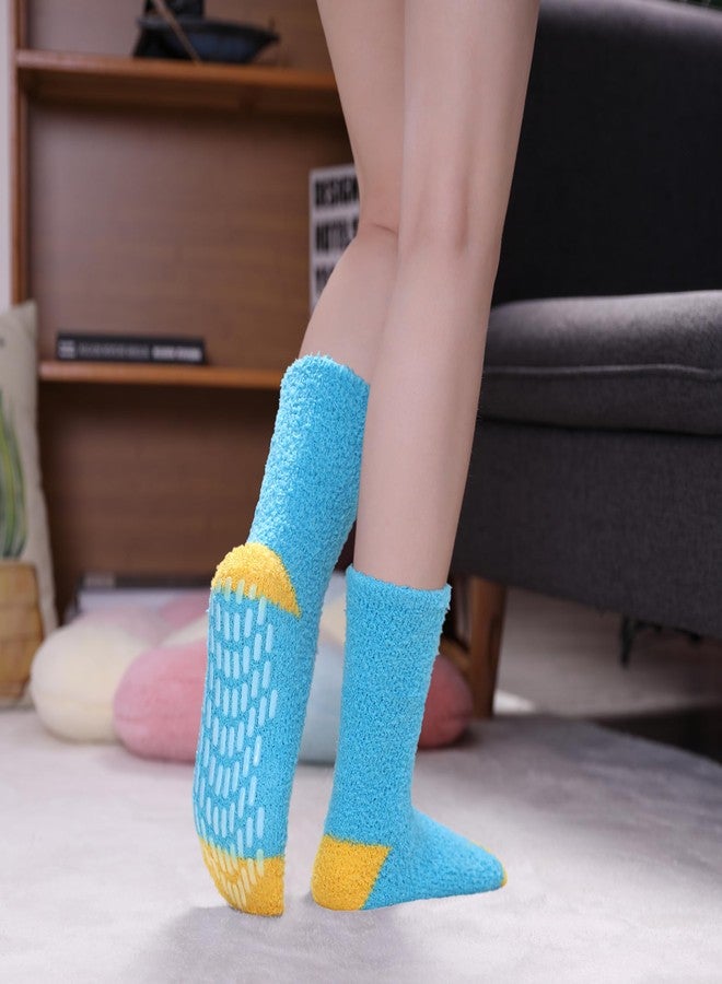 LINEMIN Non Slip Hospital Socks with Grips for Women Cozy Winter Soft Fluffy Grip Slipper Socks (5 Pairs Mix Green) - Image 2